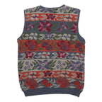 Womens Blue Red Floral Pattern Button Up Knit Vest Jumper M Casual Stylish