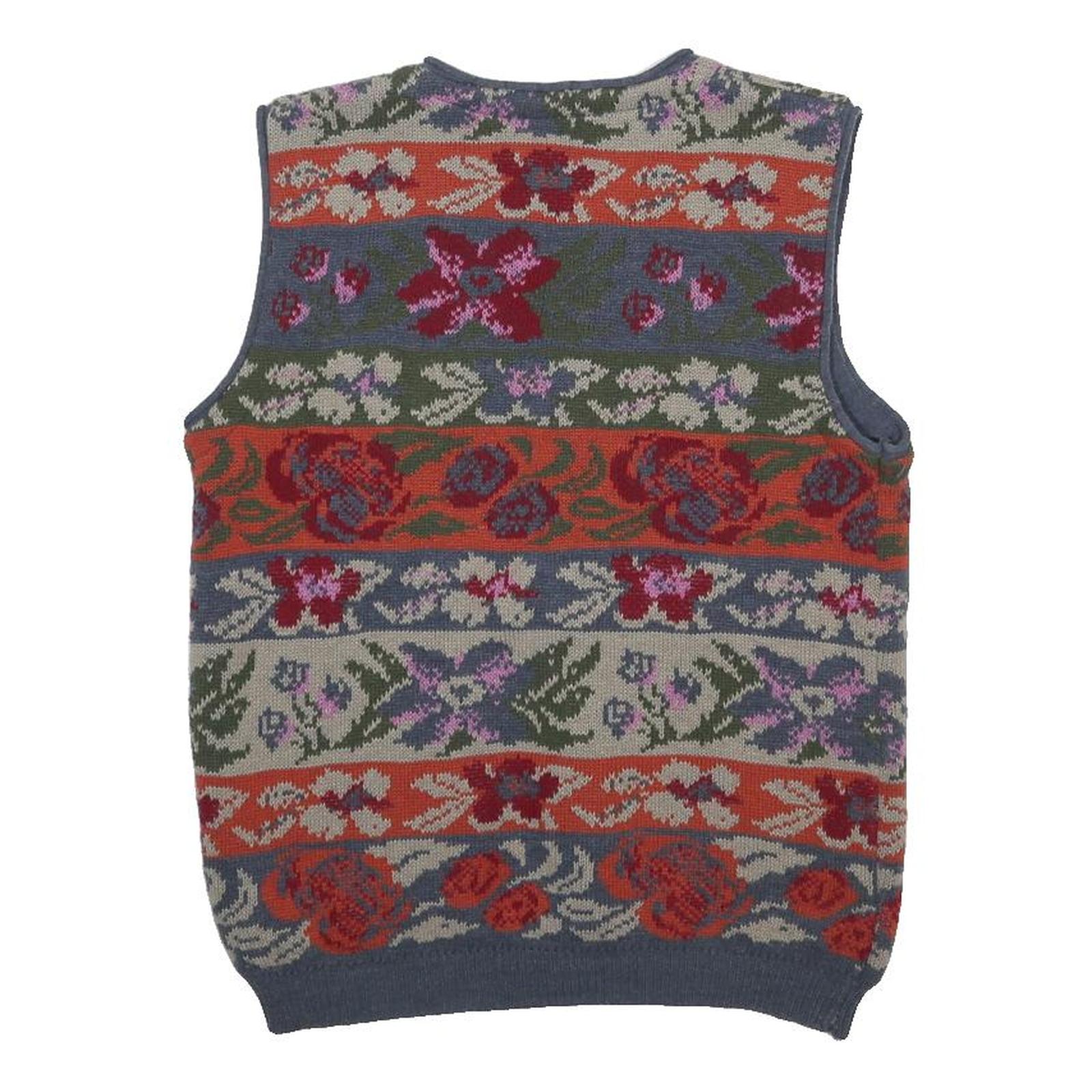 Womens Blue Red Floral Pattern Button Up Knit Vest Jumper M Casual Stylish