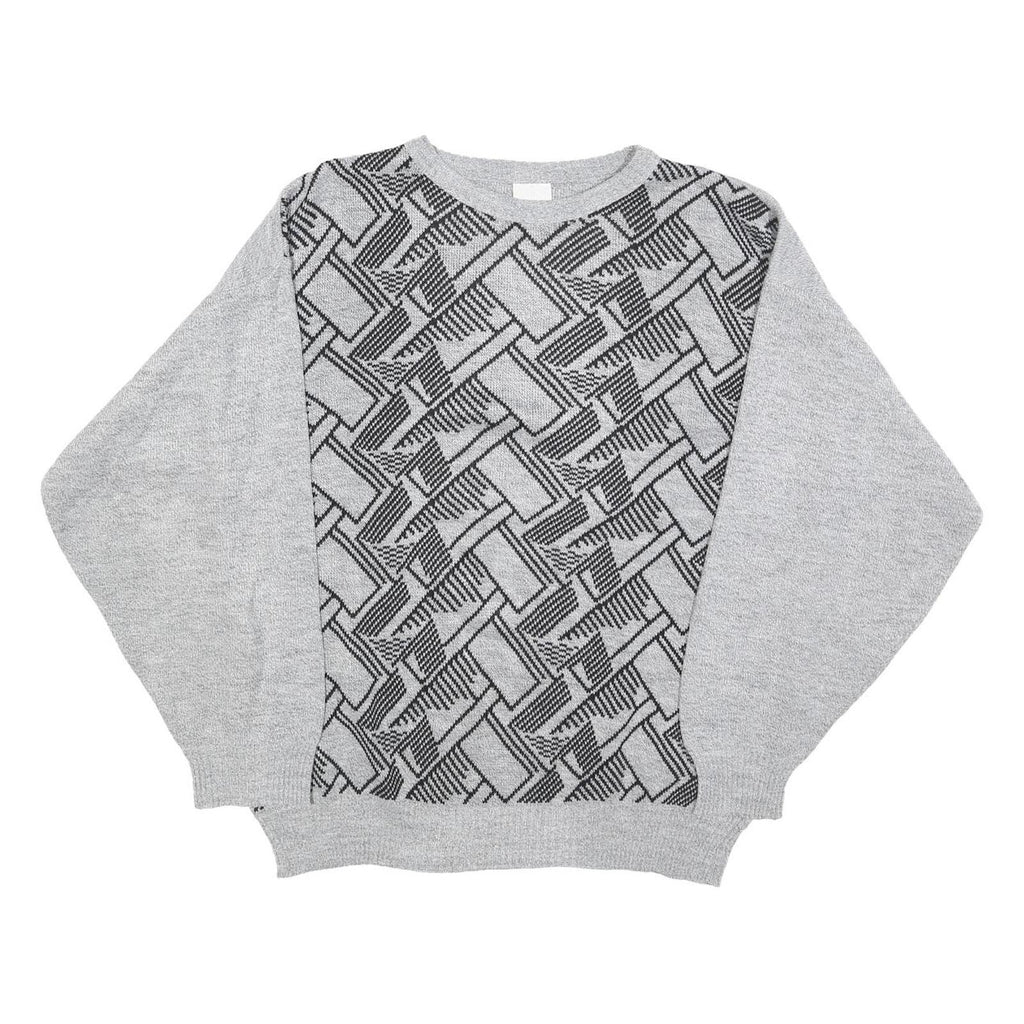 Womens Grey Geometric Pattern Plain Crew Neck Basic Knit Jumper L Acrylic