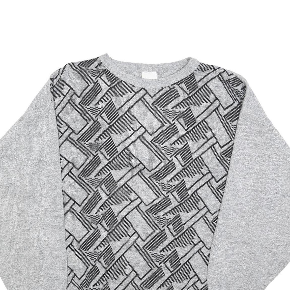 Womens Grey Geometric Pattern Plain Crew Neck Basic Knit Jumper L Acrylic