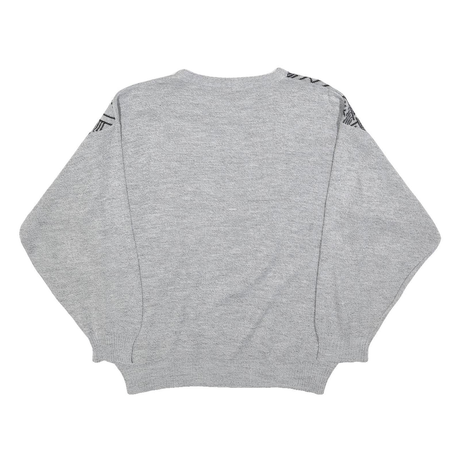 Womens Grey Geometric Pattern Plain Crew Neck Basic Knit Jumper L Acrylic