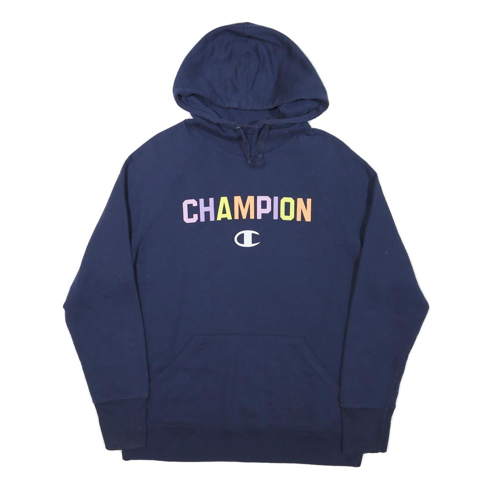 CHAMPION Womens Navy Blue Pullover Hoodie M Multicolour Logo Cotton Blend