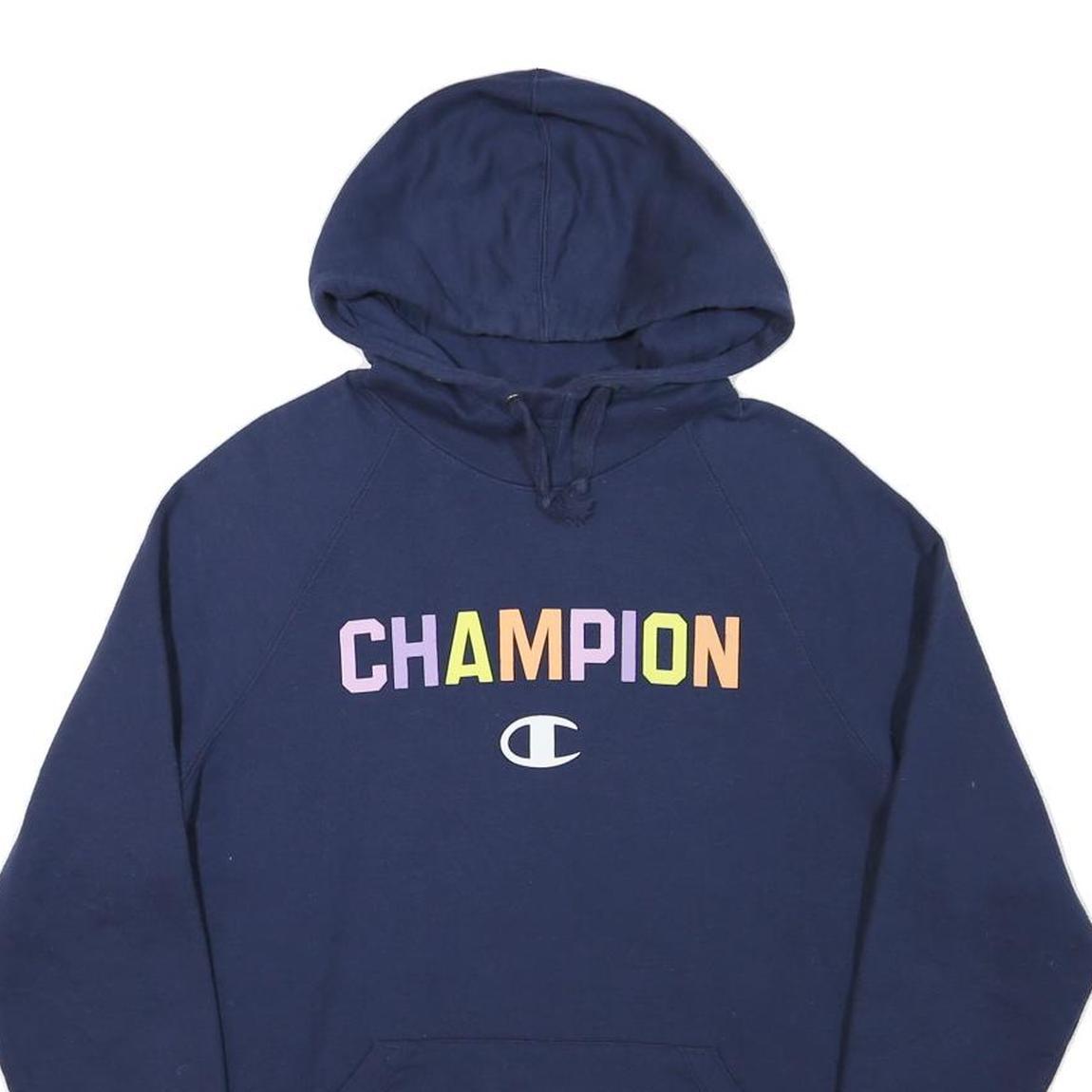 CHAMPION Womens Navy Blue Pullover Hoodie M Multicolour Logo Cotton Blend