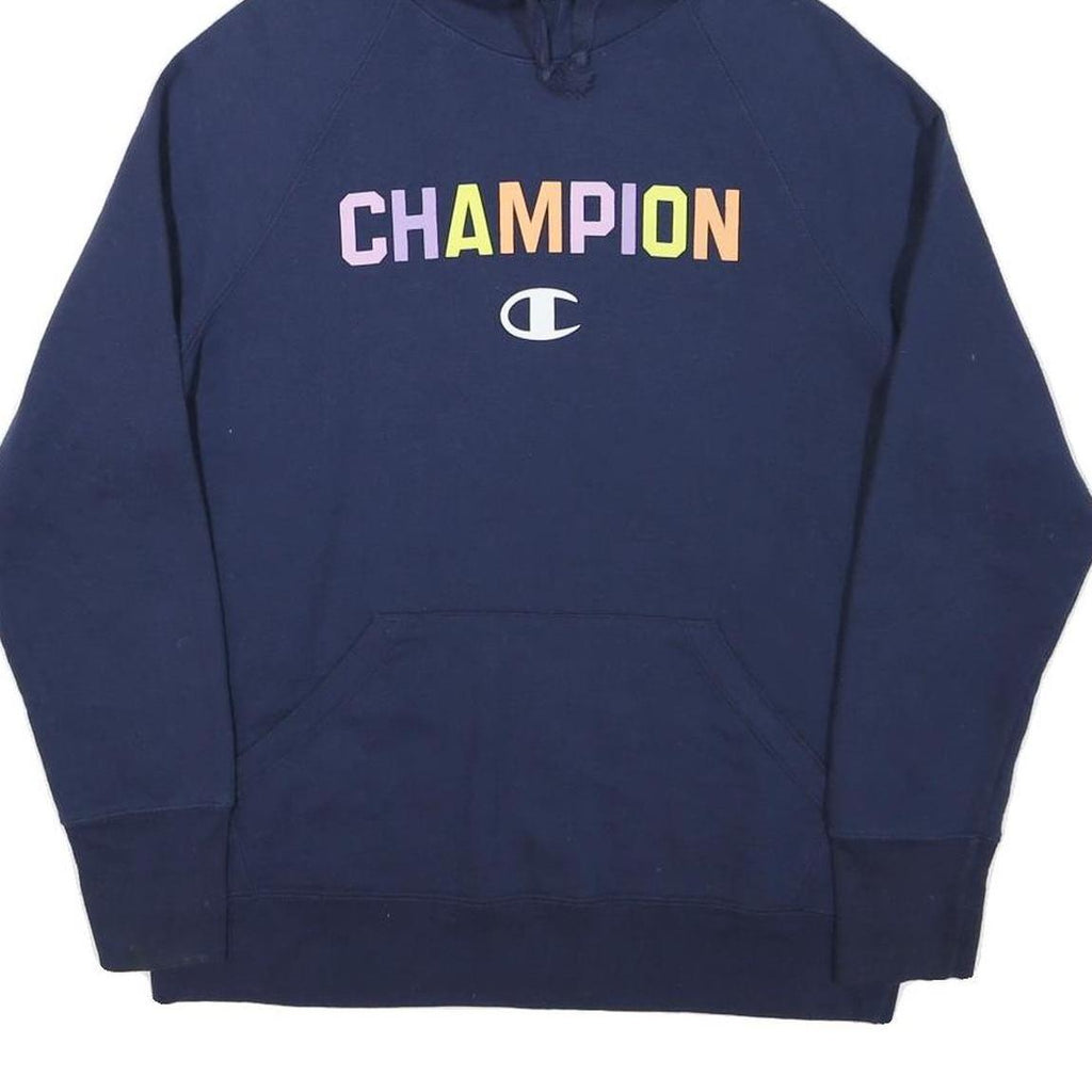 CHAMPION Womens Navy Blue Pullover Hoodie M Multicolour Logo Cotton Blend