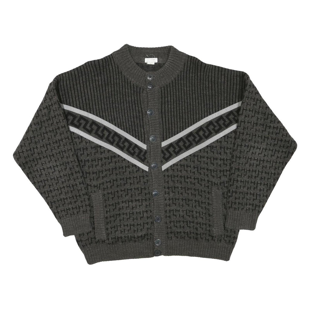 Mens Grey & Black Patterned Button Up Jumper Crew Neck M Acrylic Blend Knitwear