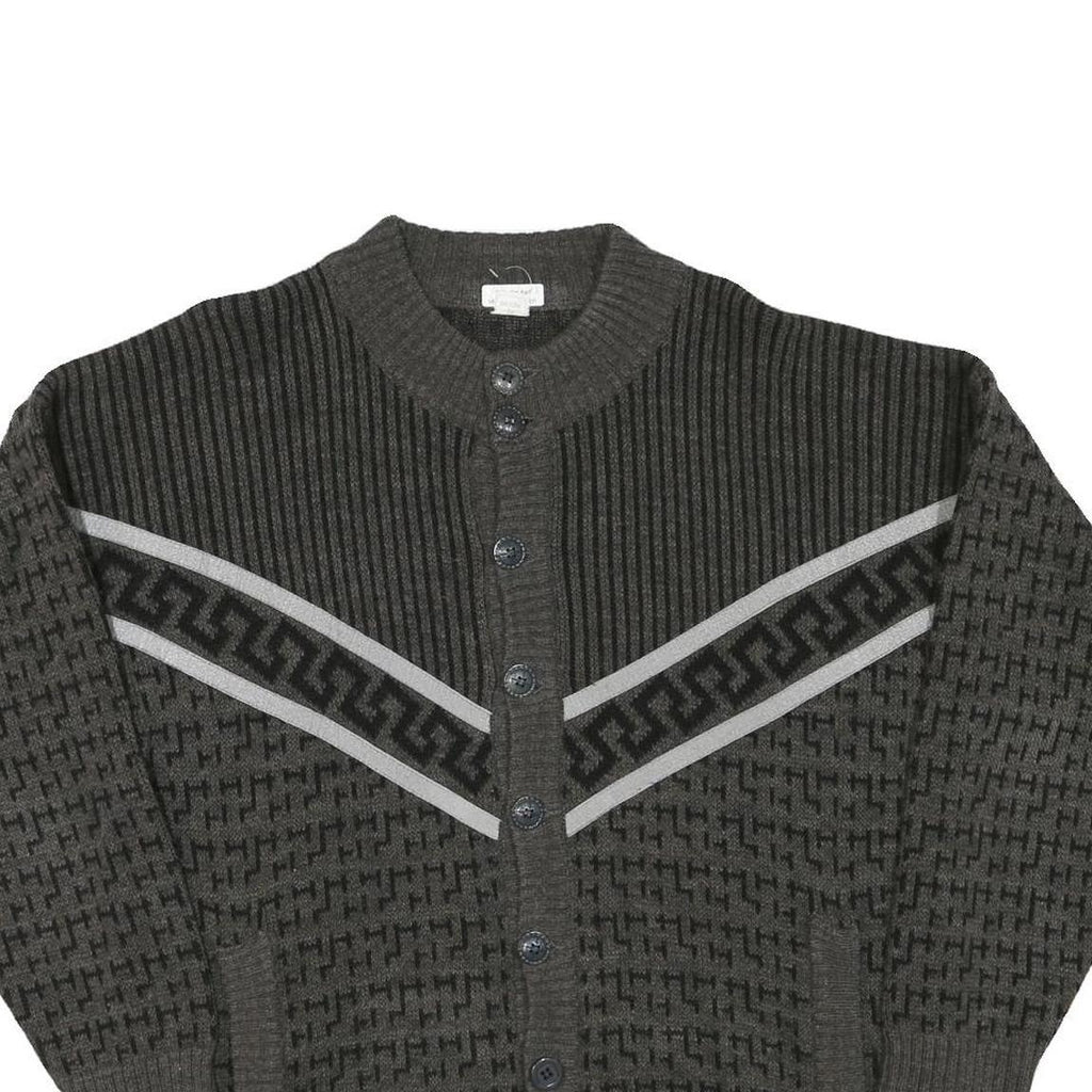 Mens Grey & Black Patterned Button Up Jumper Crew Neck M Acrylic Blend Knitwear