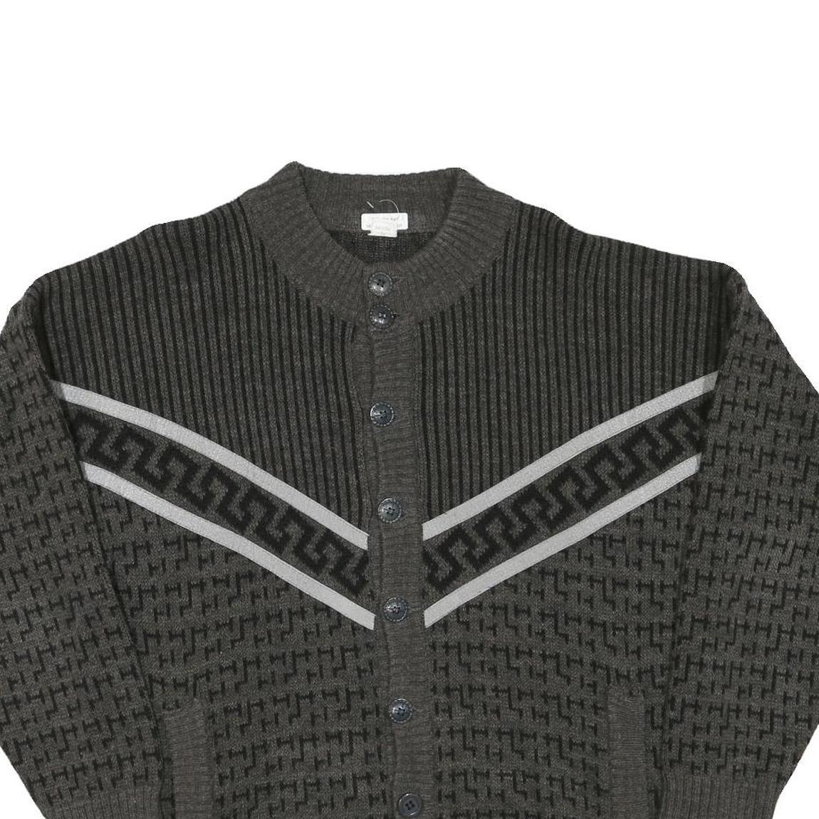 Mens Grey & Black Patterned Button Up Jumper Crew Neck M Acrylic Blend Knitwear