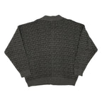 Mens Grey & Black Patterned Button Up Jumper Crew Neck M Acrylic Blend Knitwear