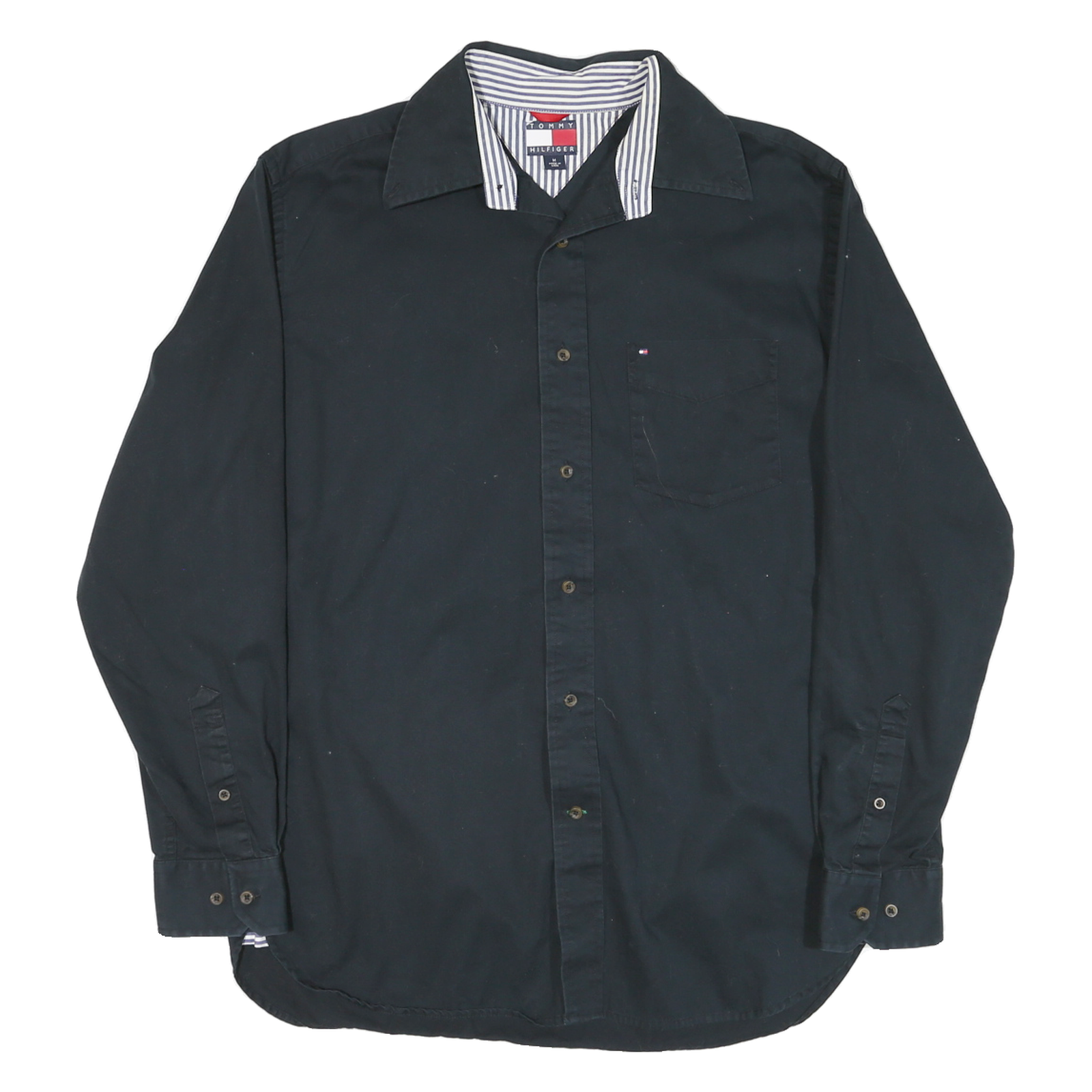 TOMMY HILFIGER Mens Black Shirt M Cotton Blend Button Neck Casual