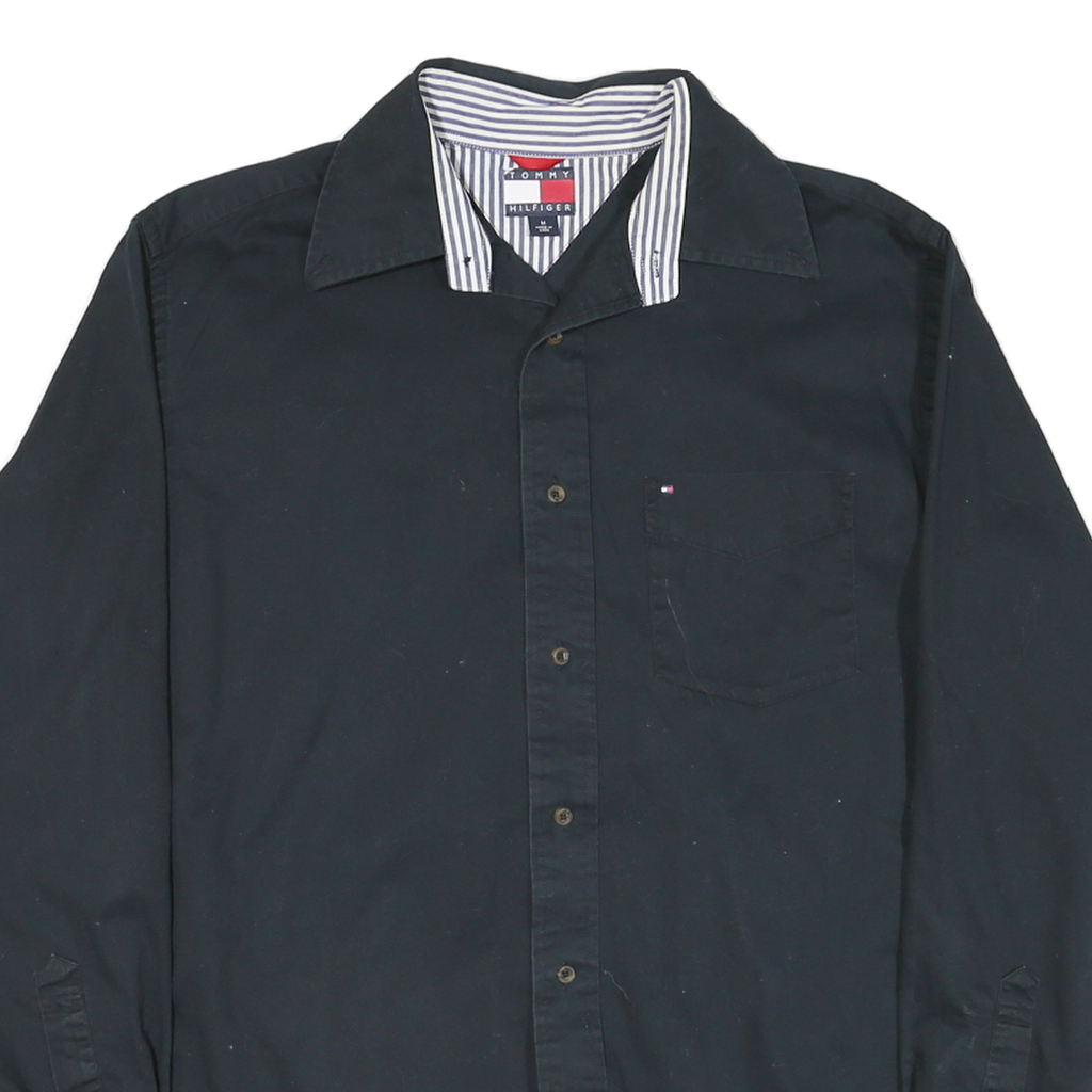 TOMMY HILFIGER Mens Black Shirt M Cotton Blend Button Neck Casual
