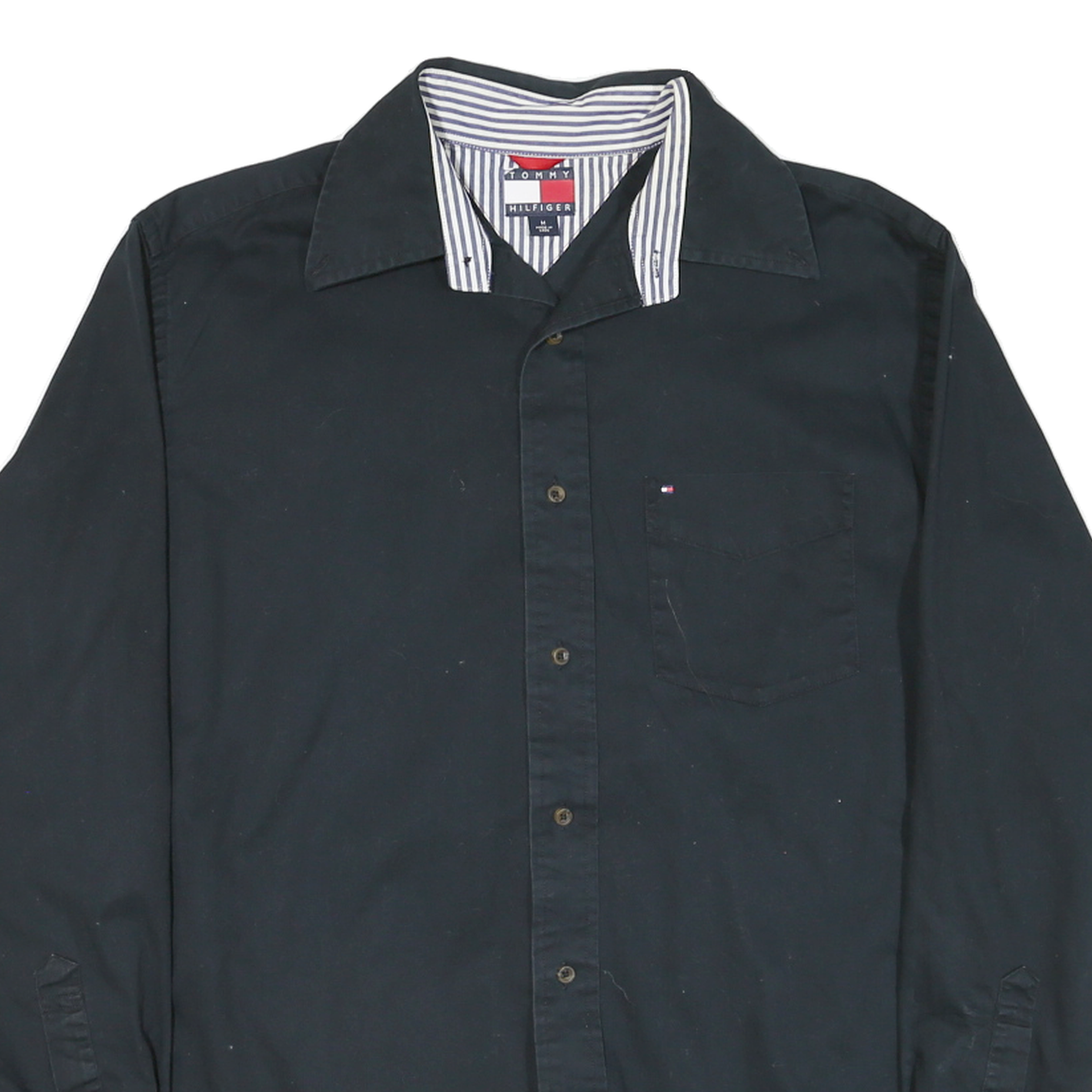 TOMMY HILFIGER Mens Black Shirt M Cotton Blend Button Neck Casual