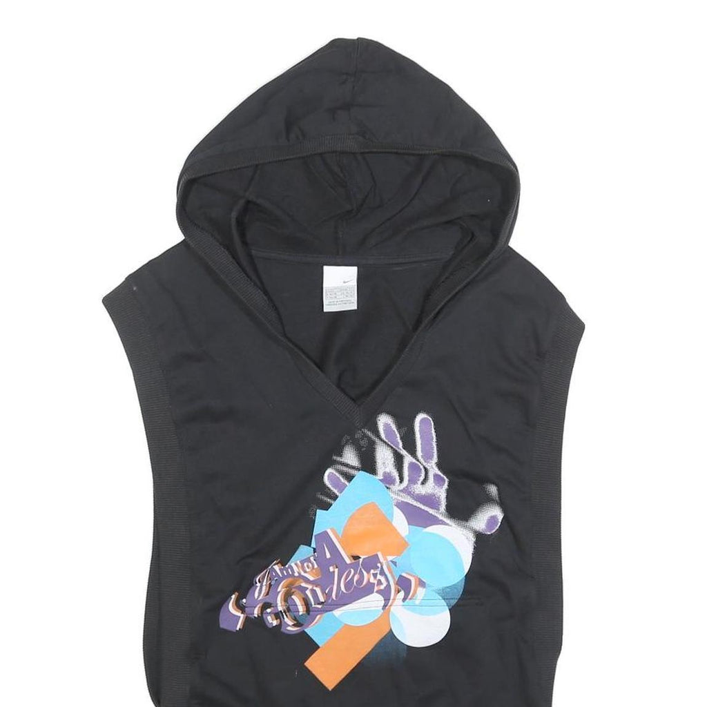 NIKE Womens Black Cotton Blend Sleeveless Hoodie UK 14 Graphic Print Hooded
