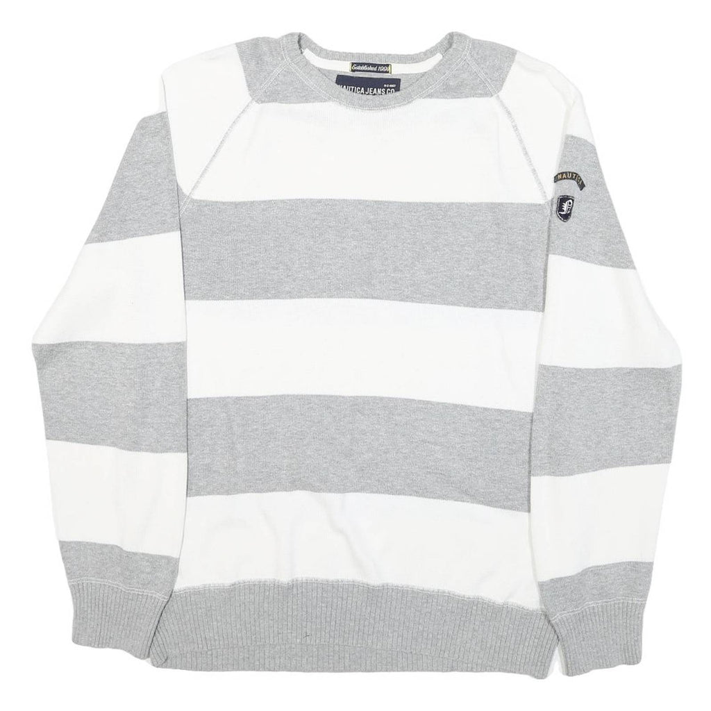 NAUTICA Mens Grey & White Patterned Cotton Blend Jumper Crew Neck Basic Knit L