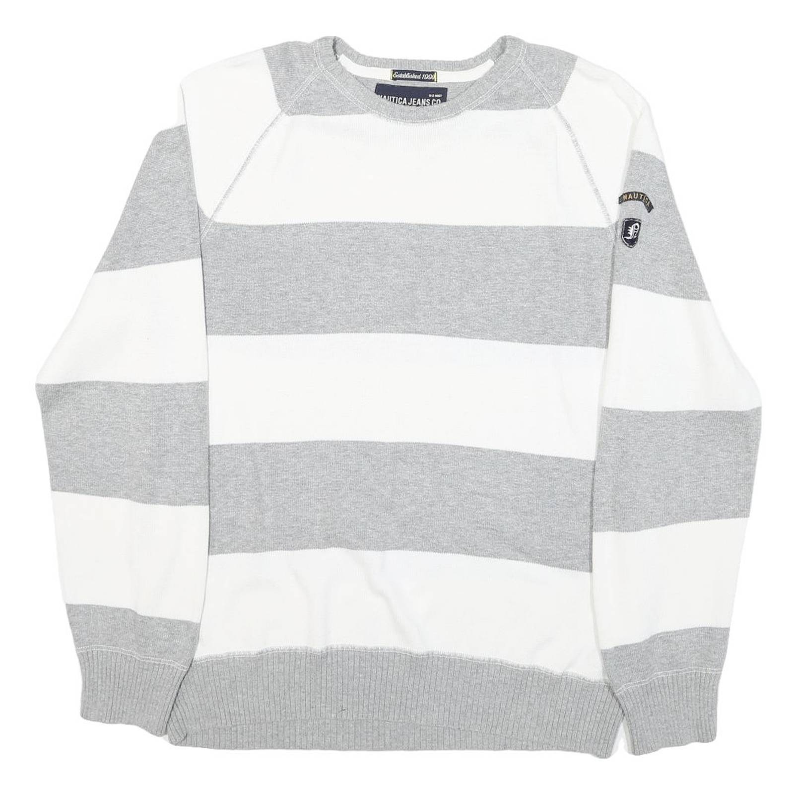 NAUTICA Mens Grey & White Patterned Cotton Blend Jumper Crew Neck Basic Knit L