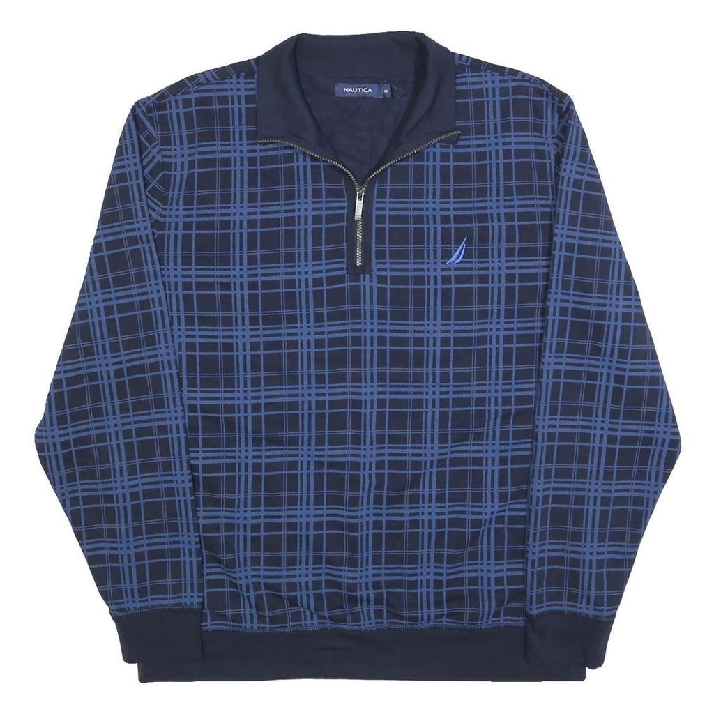 NAUTICA Mens Navy Blue Checked Quarter Zip 2XL Cotton Blend Sweatshirt