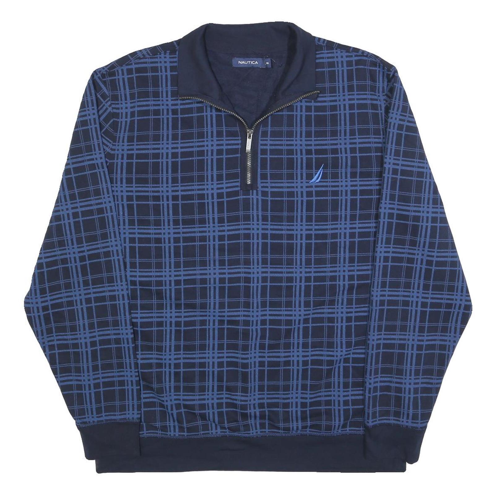 NAUTICA Mens Navy Blue Checked Quarter Zip 2XL Cotton Blend Sweatshirt
