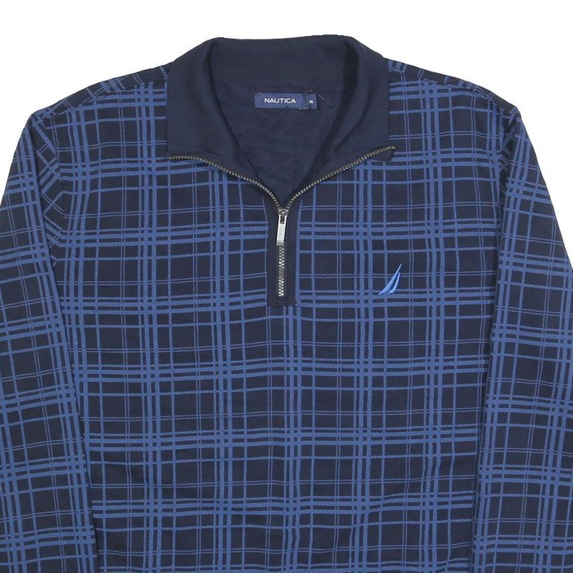 NAUTICA Mens Navy Blue Checked Quarter Zip 2XL Cotton Blend Sweatshirt