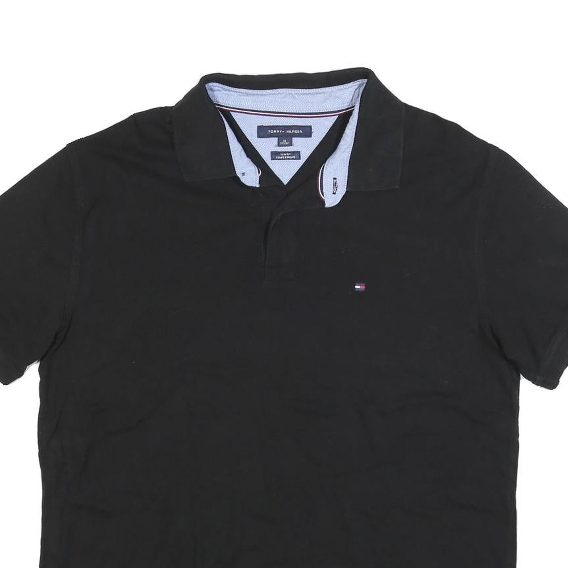 TOMMY HILFIGER Mens Black Short Sleeve Plain Polo Shirt XL Cotton Blend Classic