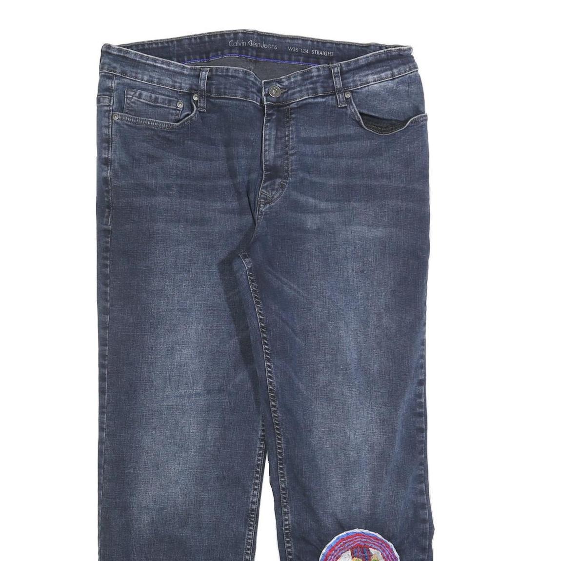 CALVIN KLEIN JEANS Mens Blue Regular Straight Denim Raw W36 L30 Embroidered