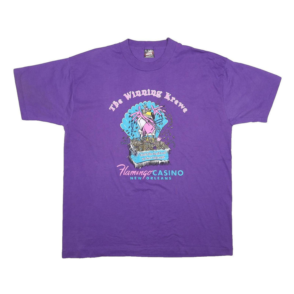 FRUIT OF THE LOOM Womens Purple Flamingo Casino Graphic T-Shirt XL Short Sleeve