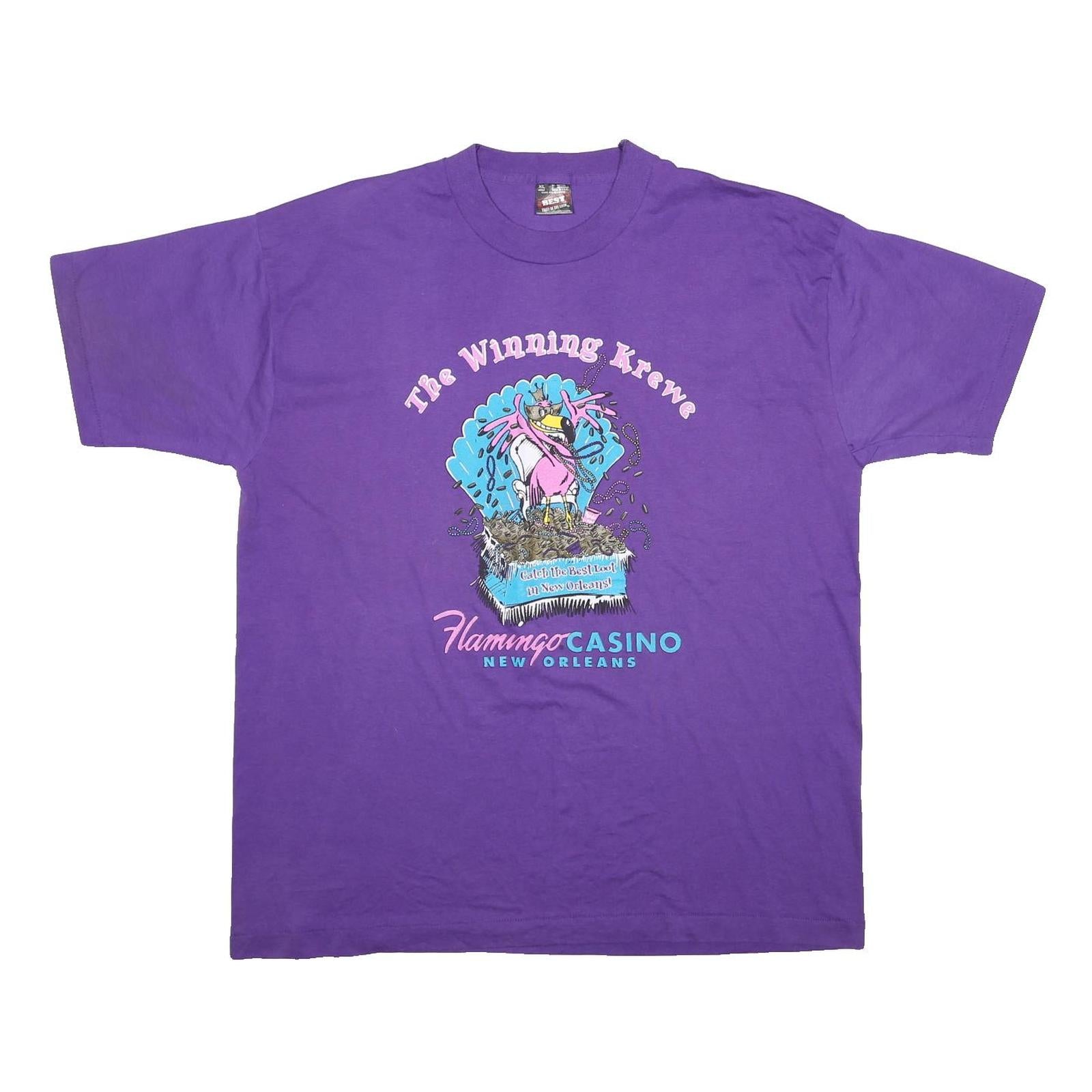 FRUIT OF THE LOOM Womens Purple Flamingo Casino Graphic T-Shirt XL Short Sleeve
