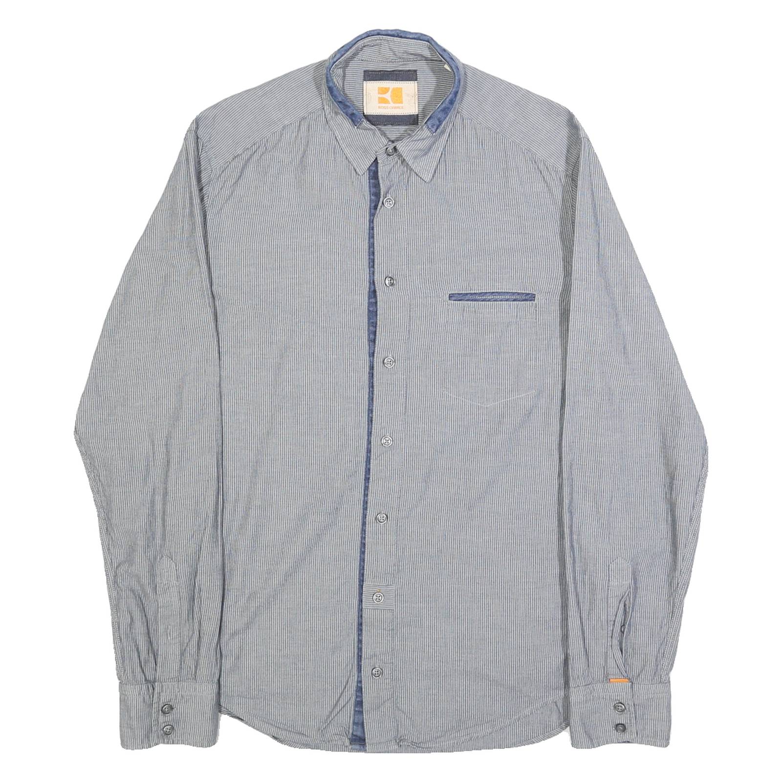 BOSS Mens Blue & White Striped Shirt Cotton M Button Closure Long Sleeve Regular