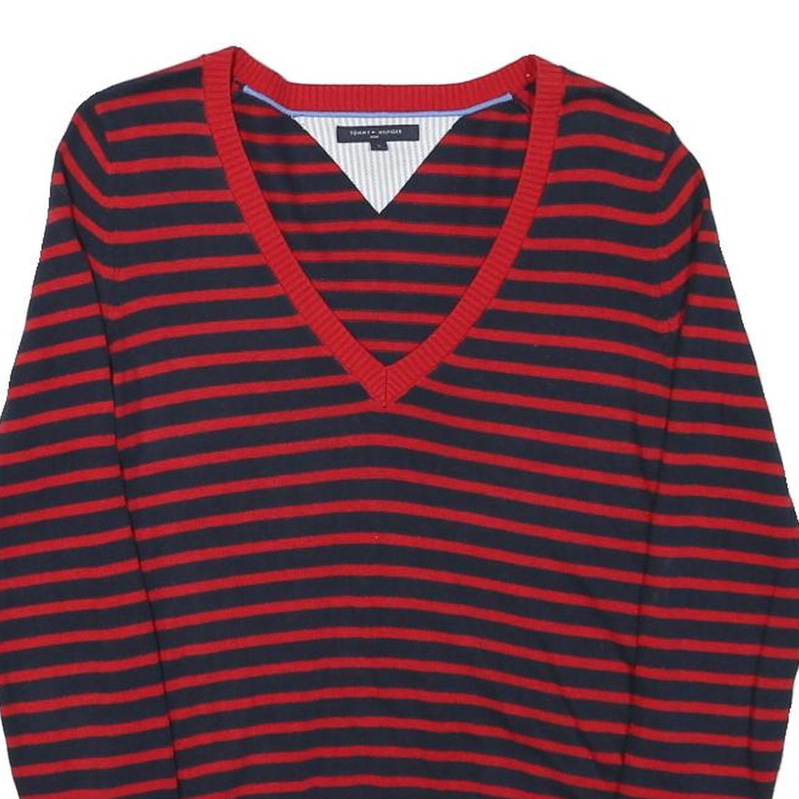 TOMMY HILFIGER Womens Red & Navy Striped Patterned V-Neck Basic Knit Jumper S