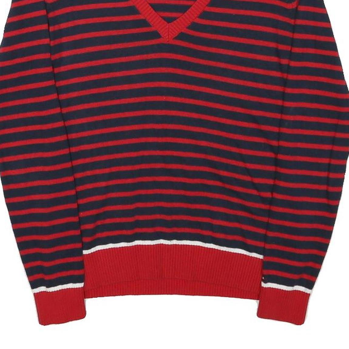 TOMMY HILFIGER Womens Red & Navy Striped Patterned V-Neck Basic Knit Jumper S