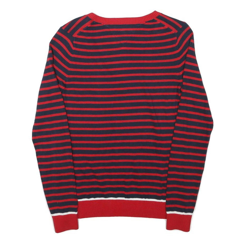 TOMMY HILFIGER Womens Red & Navy Striped Patterned V-Neck Basic Knit Jumper S