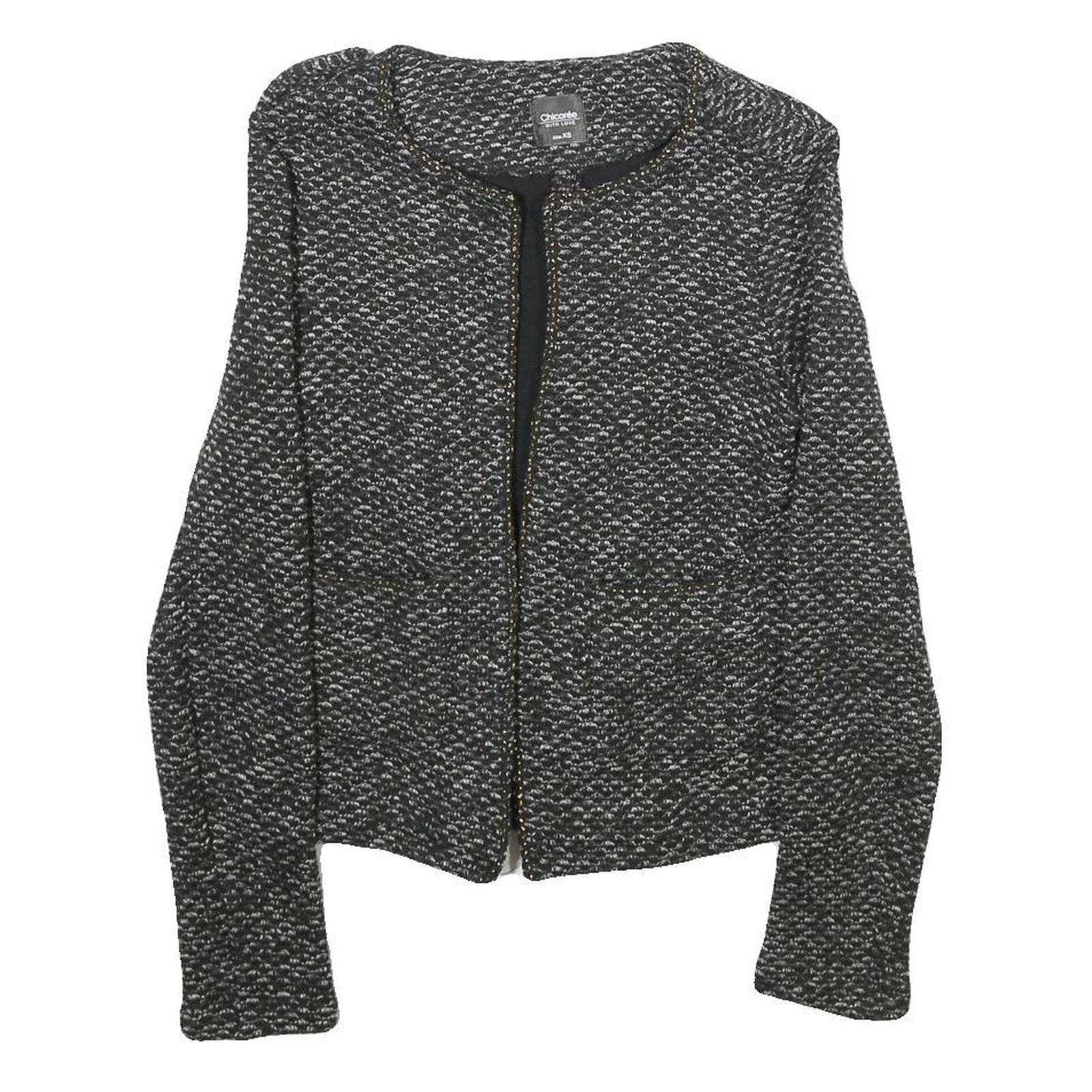 CHICOREE Womens Black and White Textured Classic Jacket XS Polyester Tweed