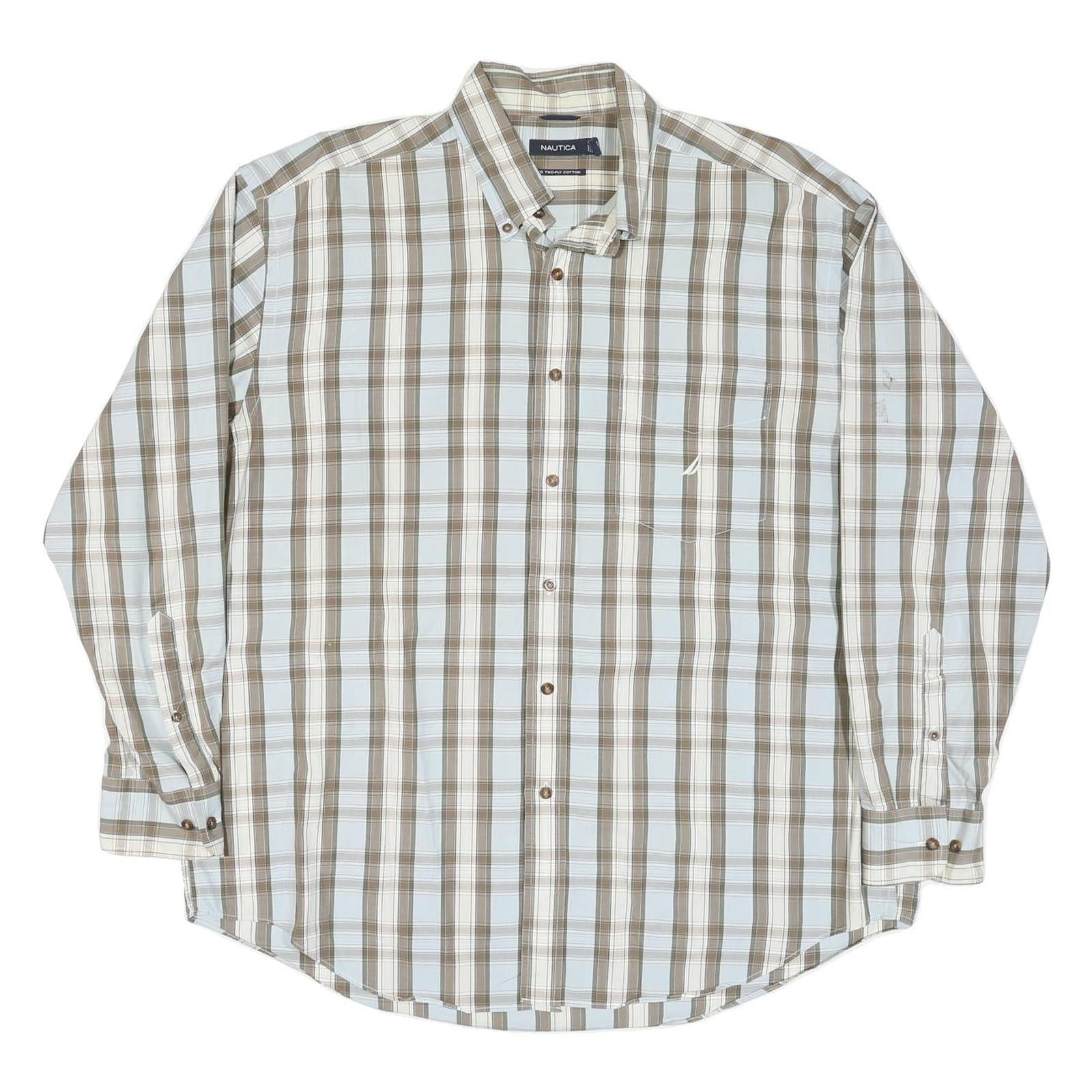 NAUTICA Mens Beige & White Checked Shirt XL Classic Cotton Blend Long Sleeve