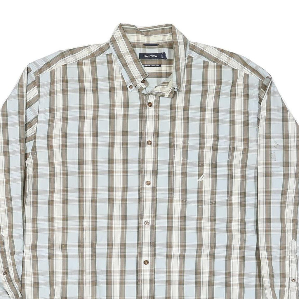 NAUTICA Mens Beige & White Checked Shirt XL Classic Cotton Blend Long Sleeve