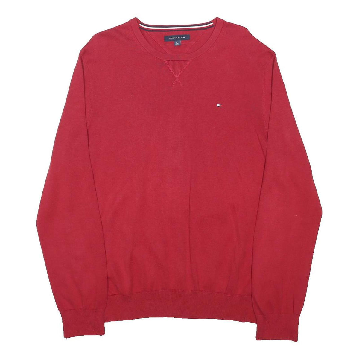TOMMY HILFIGER Mens Red Plain Pullover Crew Neck Basic Knit L Cotton Blend