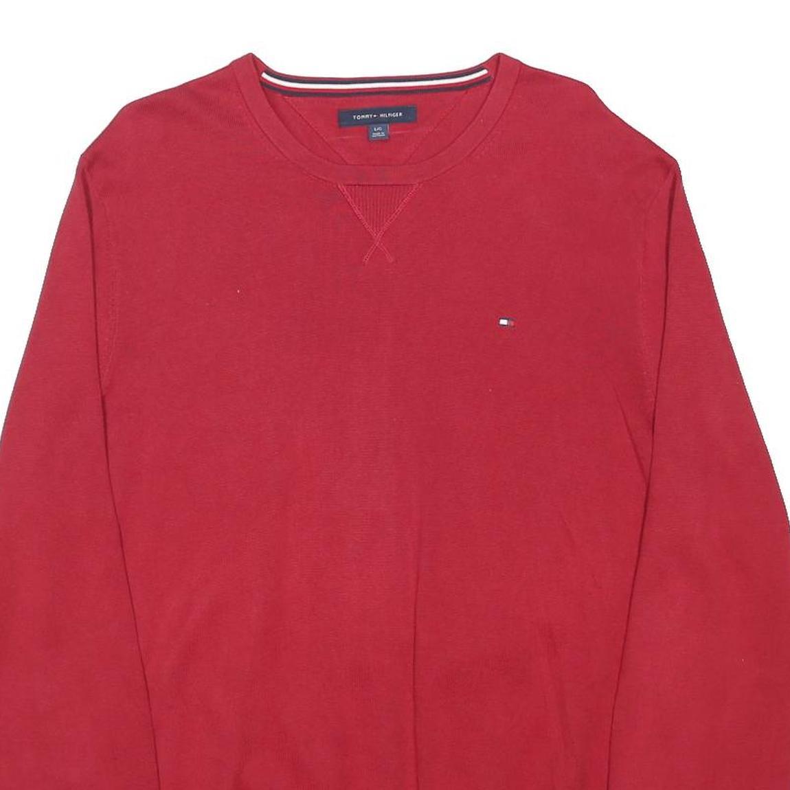 TOMMY HILFIGER Mens Red Plain Pullover Crew Neck Basic Knit L Cotton Blend