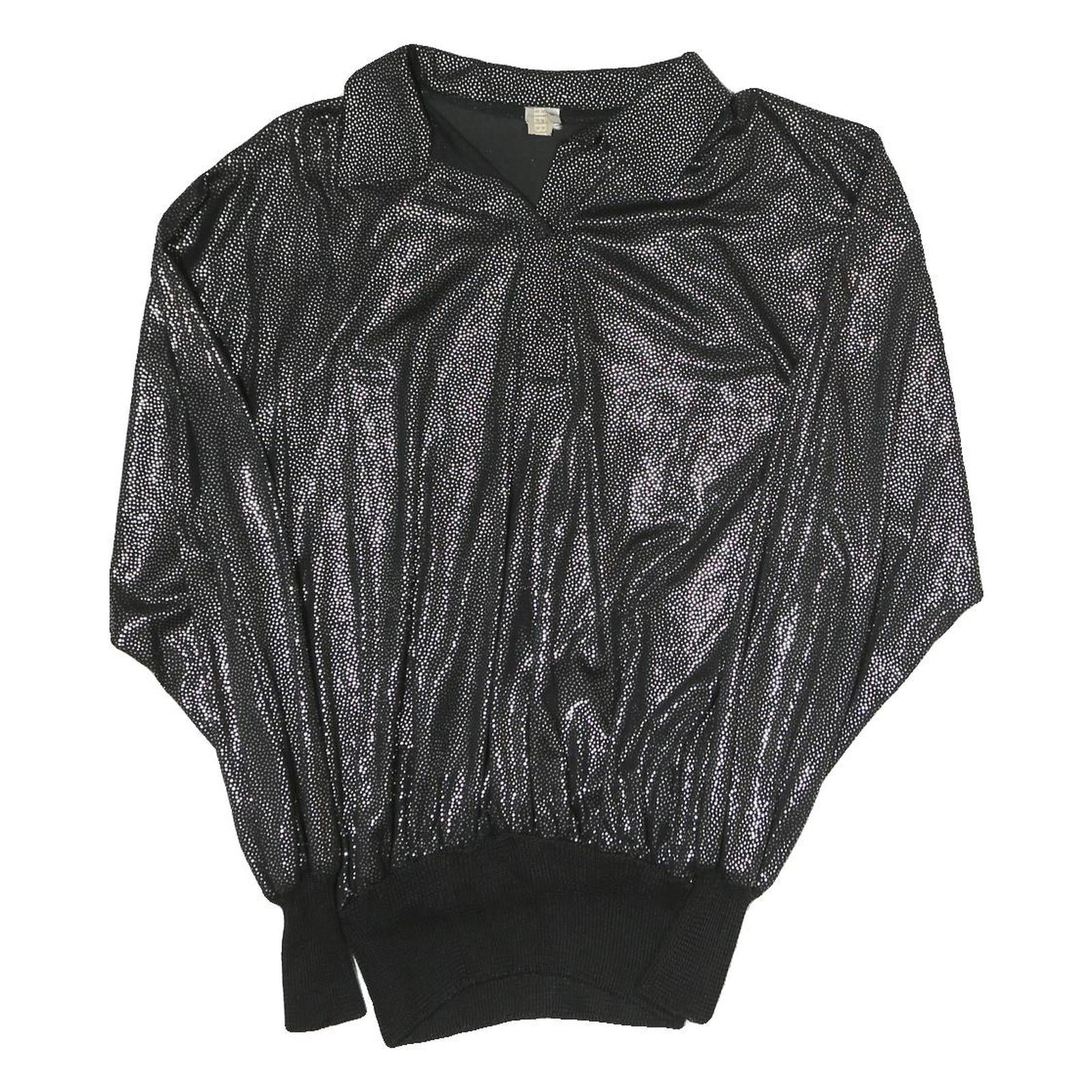 HEBERT Womens Black Printed Sports Top Long Sleeve Collared M Shiny