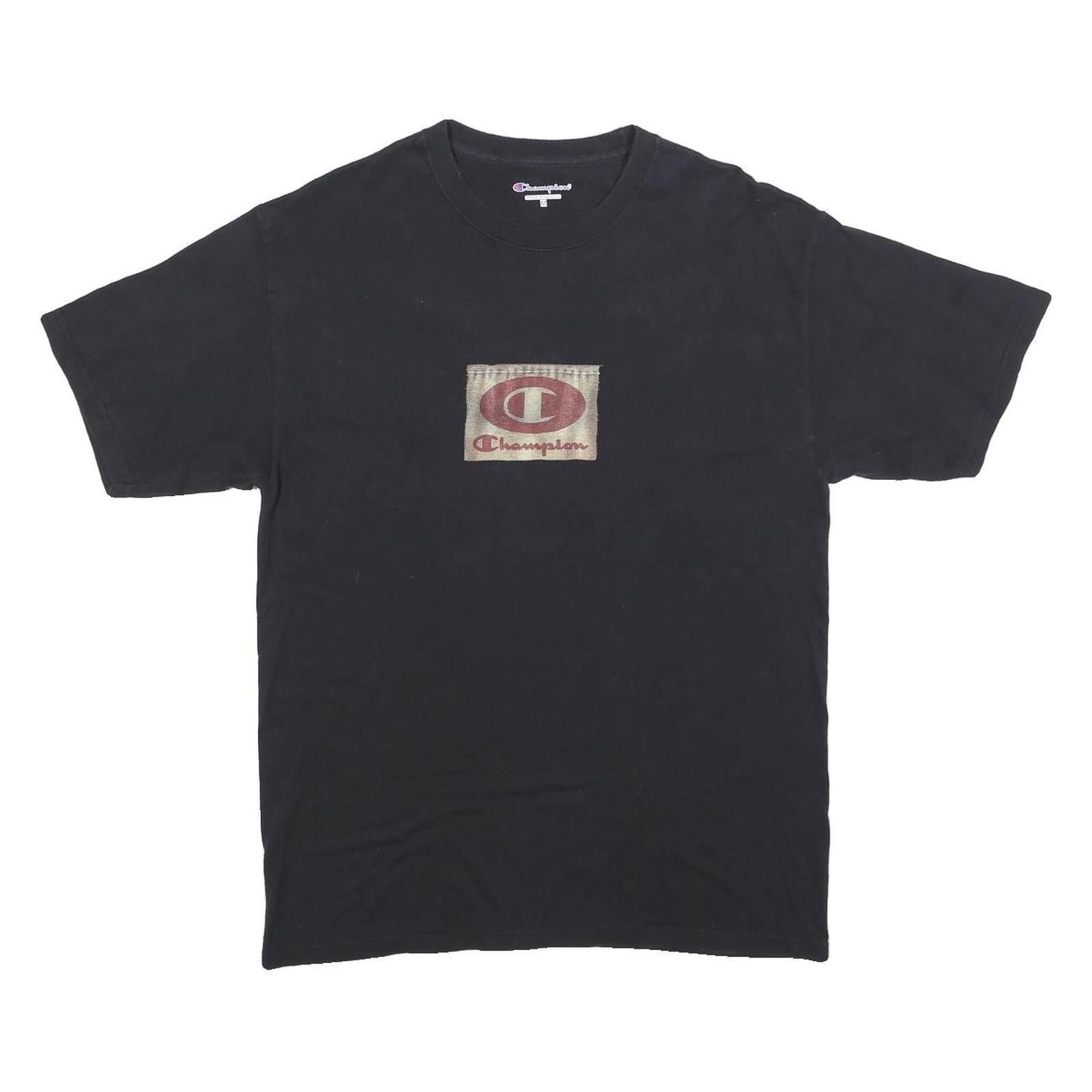 CHAMPION Mens Black Graphic T-Shirt M Short Sleeve Crew Neck Vintage Logo Patch