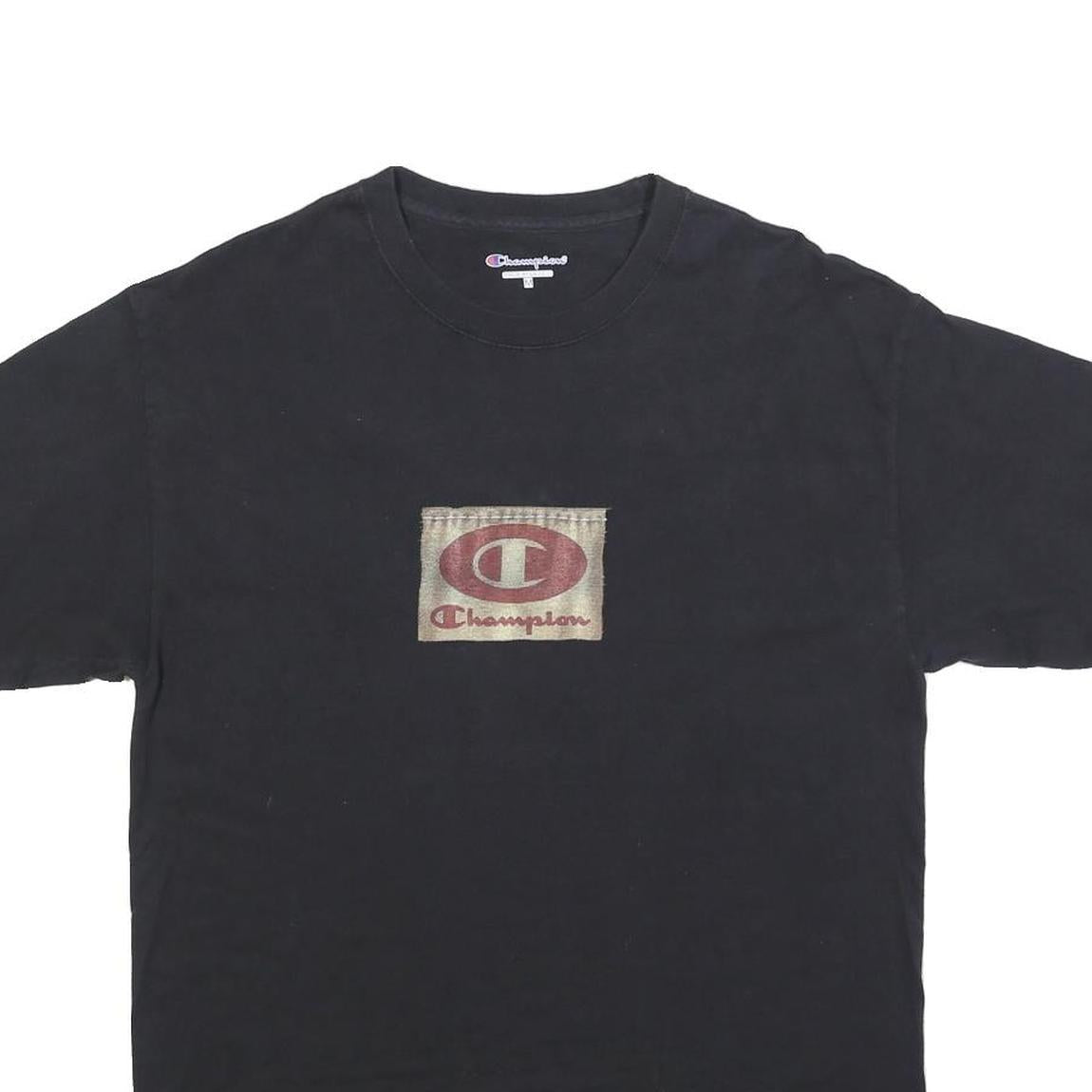 CHAMPION Mens Black Graphic T-Shirt M Short Sleeve Crew Neck Vintage Logo Patch