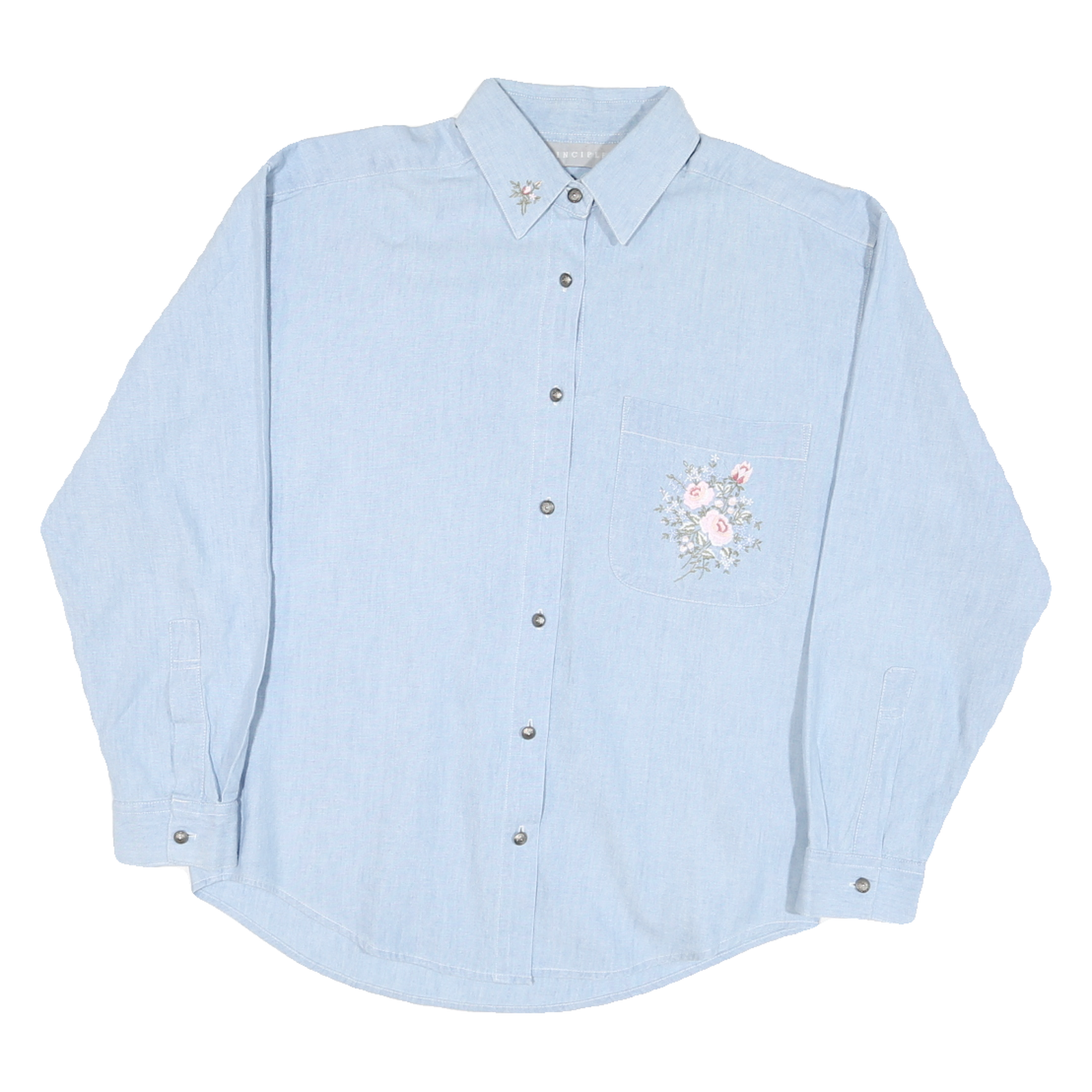 PRINCIPLES Womens Blue Shirt M Embroidered Floral Cotton Blend Button-Down