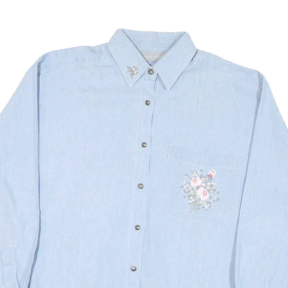 PRINCIPLES Womens Blue Shirt M Embroidered Floral Cotton Blend Button-Down