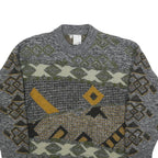 H. AL-JABI Mens Grey Patterned Jumper Crew Neck Basic Knit S Vintage Style