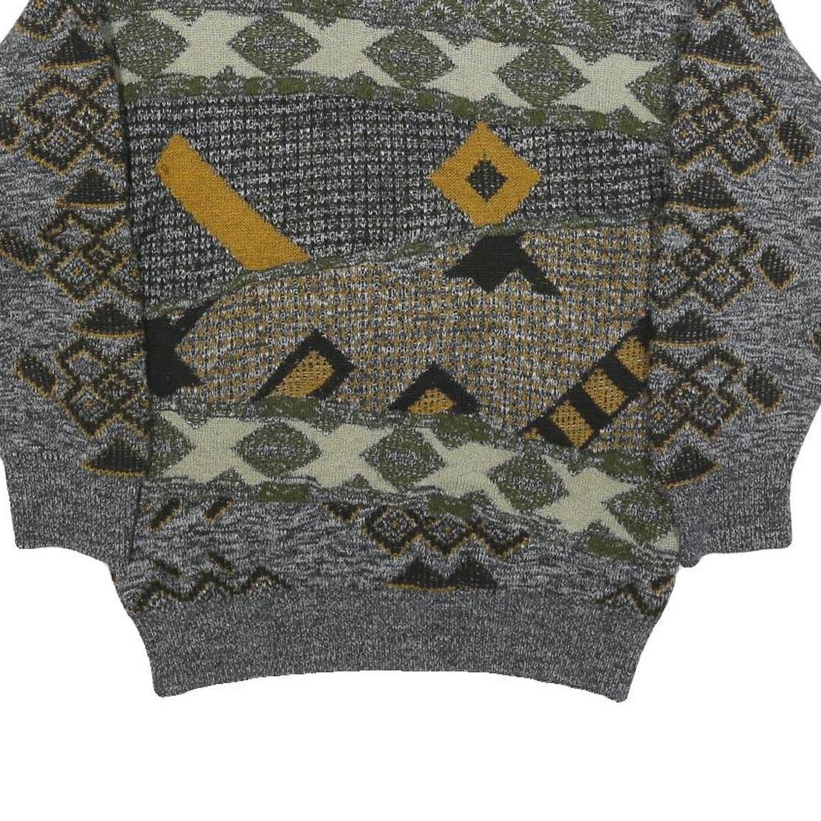 H. AL-JABI Mens Grey Patterned Jumper Crew Neck Basic Knit S Vintage Style