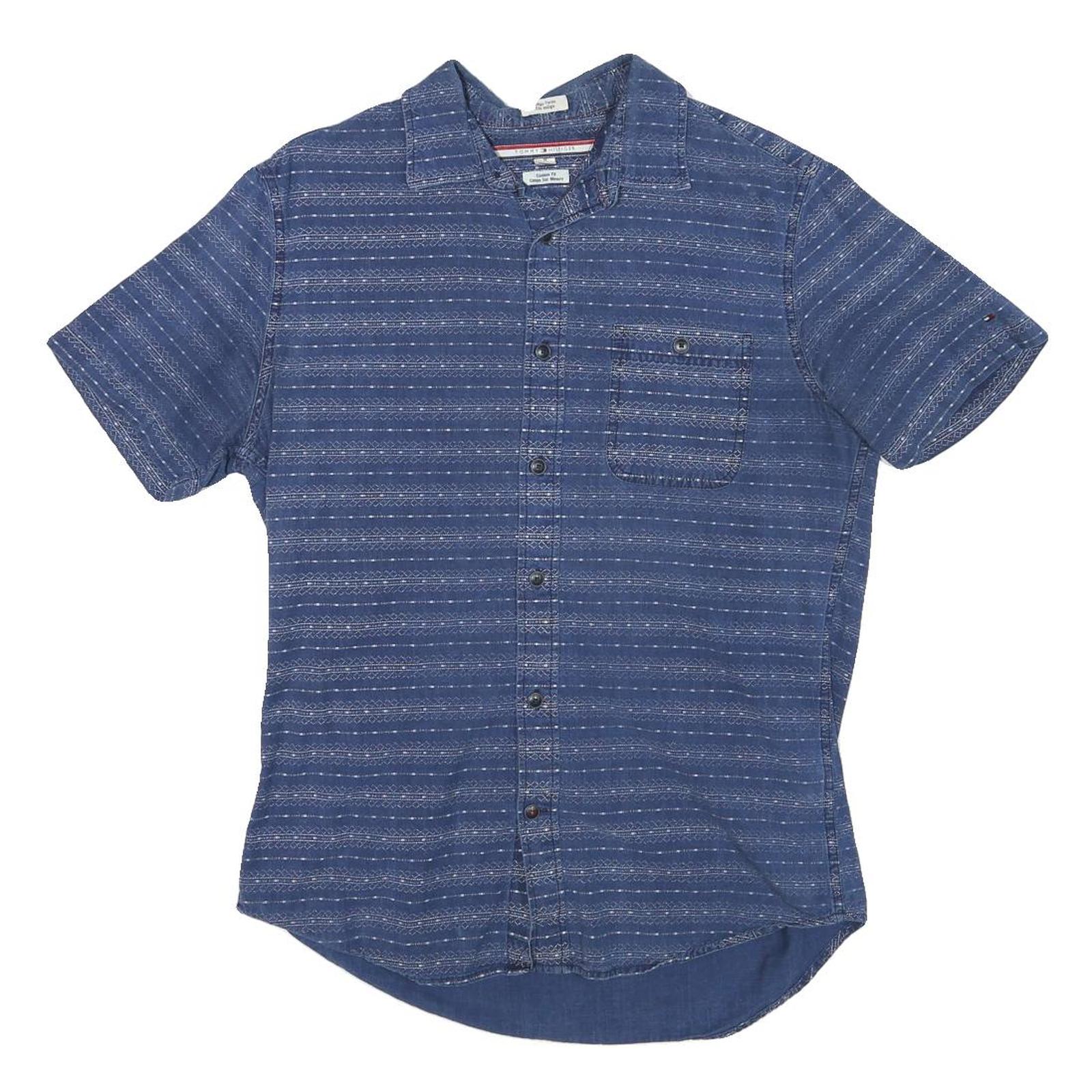 TOMMY HILFIGER Mens Blue Pattern Shirt M Cotton Blend Casual Summer Button Shirt