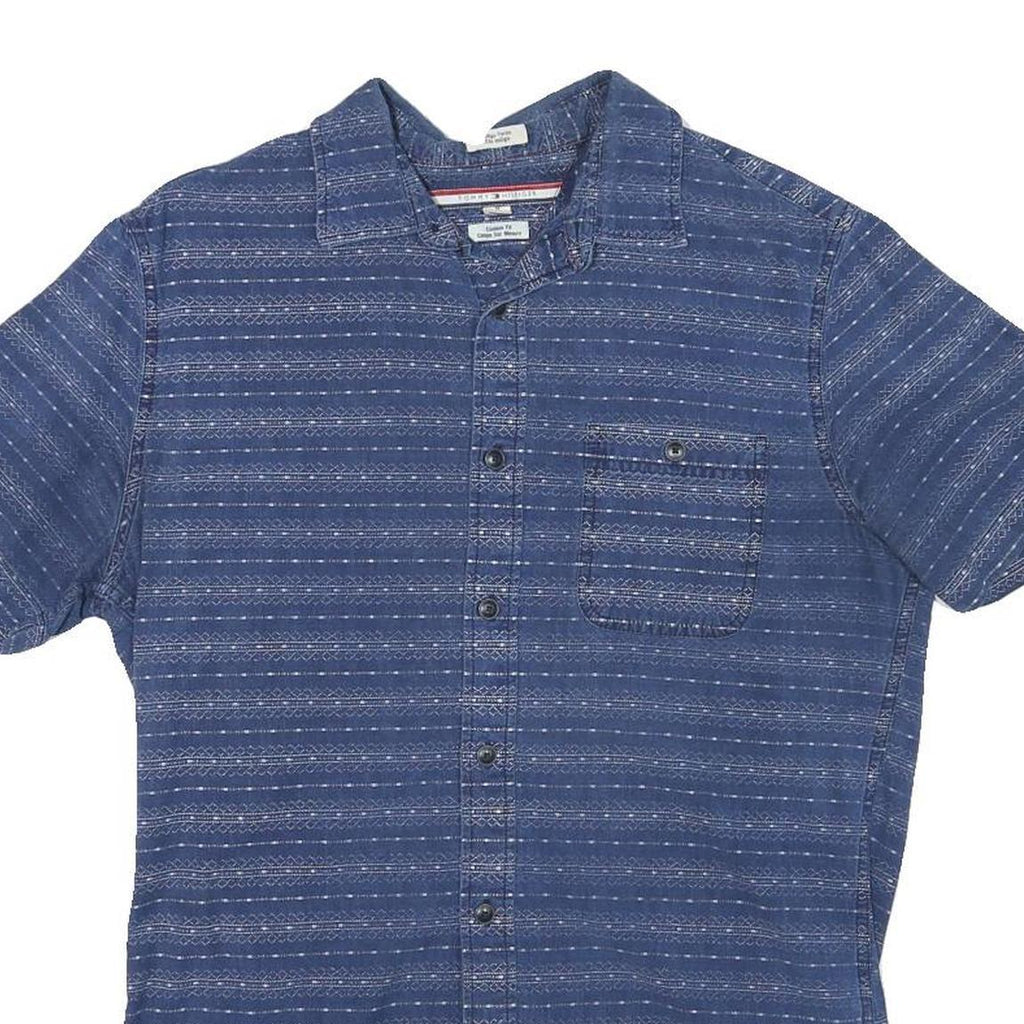 TOMMY HILFIGER Mens Blue Pattern Shirt M Cotton Blend Casual Summer Button Shirt