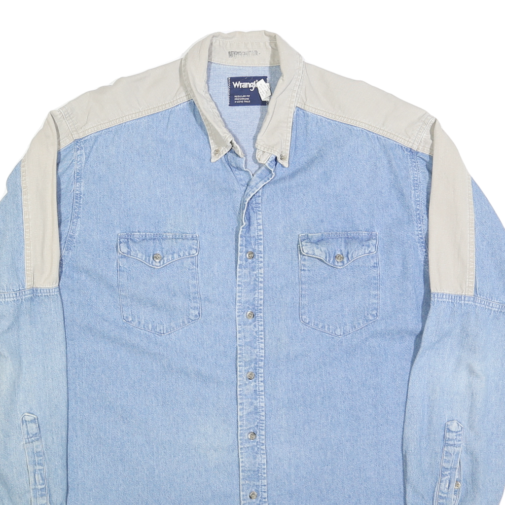 WRANGLER Mens Blue & Beige Cotton Blend Western Shirt XL Long Sleeve Casual