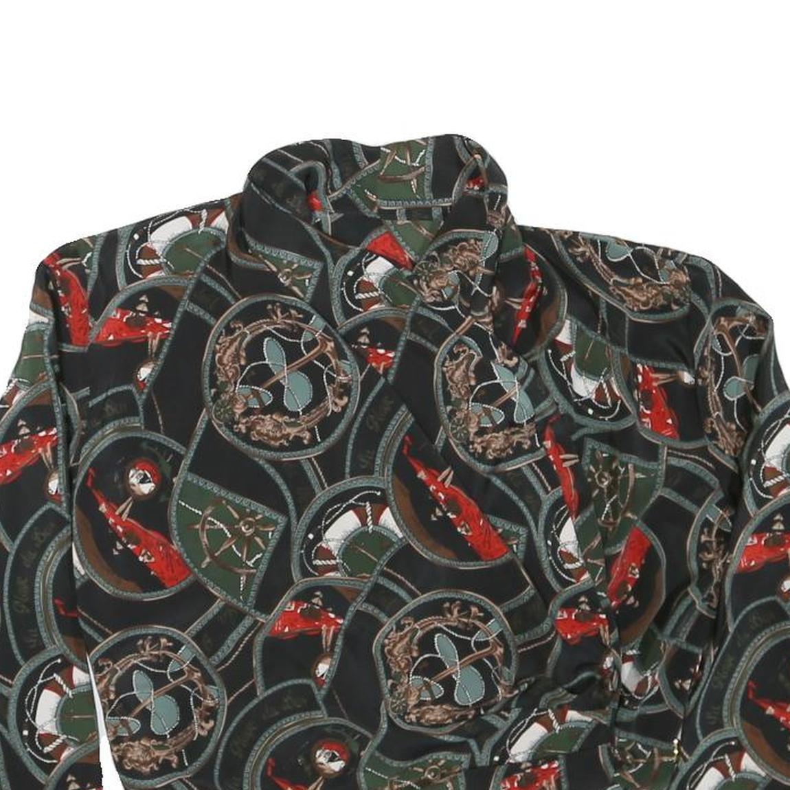 Womens Black & Green Printed Blouse Long Sleeve Collared M Stylish Crop Top