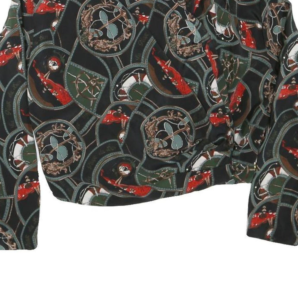 Womens Black & Green Printed Blouse Long Sleeve Collared M Stylish Crop Top