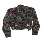 Womens Black & Green Printed Blouse Long Sleeve Collared M Stylish Crop Top