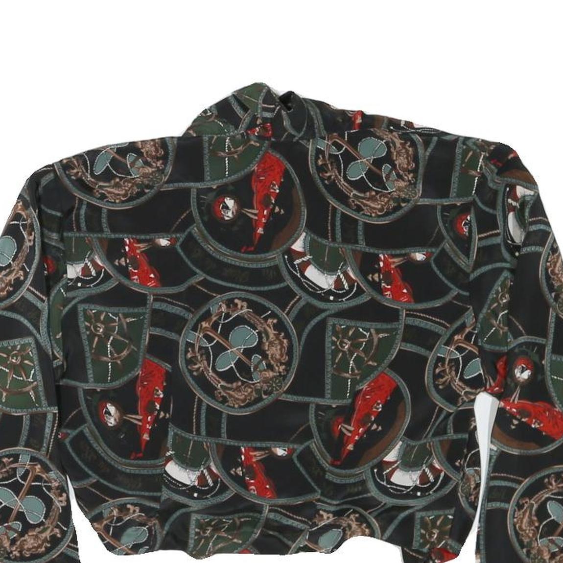 Womens Black & Green Printed Blouse Long Sleeve Collared M Stylish Crop Top