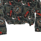 Womens Black & Green Printed Blouse Long Sleeve Collared M Stylish Crop Top