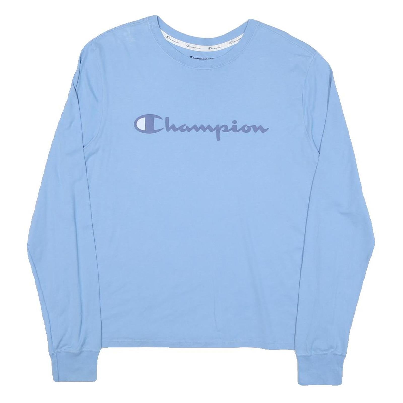CHAMPION Mens Blue XL Long Sleeve Crew Neck Logo Print T-Shirt Cotton Blend